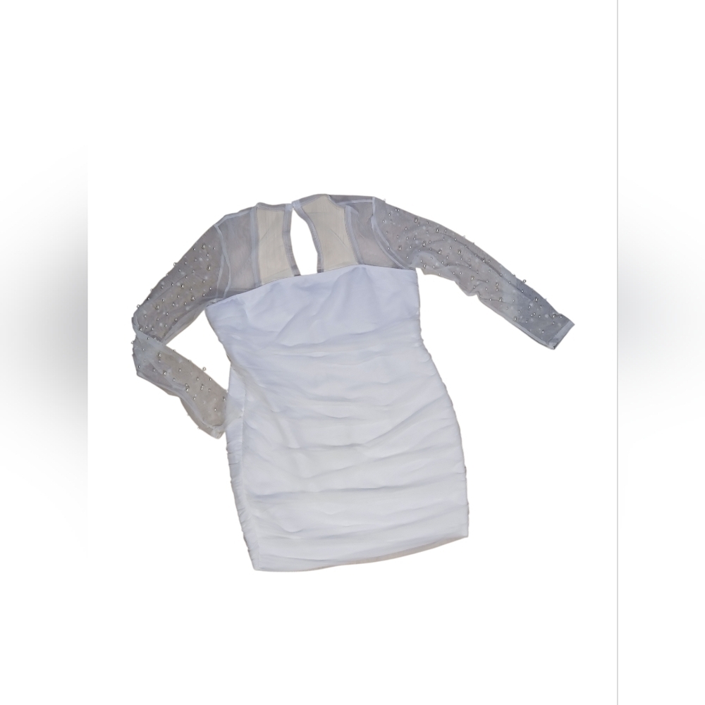 NWT Sheer Shoulders & Sleeves W Scattered Pearls White Mini Dress 3X - Picture 9 of 10